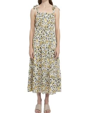 Social Standard By Stationary Smocked Floral Print Maxi Dress Yellow/Black XL